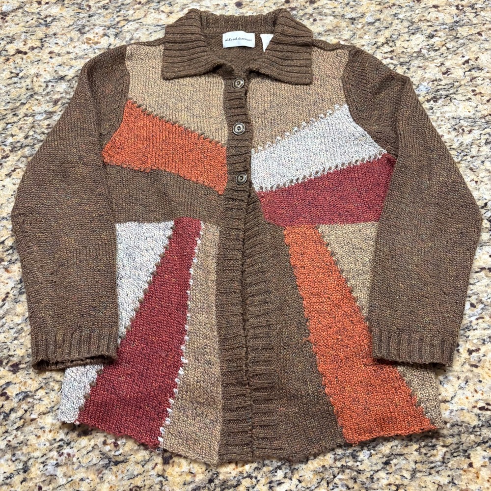 Alfred Dunner Womens XL Patchwork Knit Cardigan Sweater Brown Orange Button